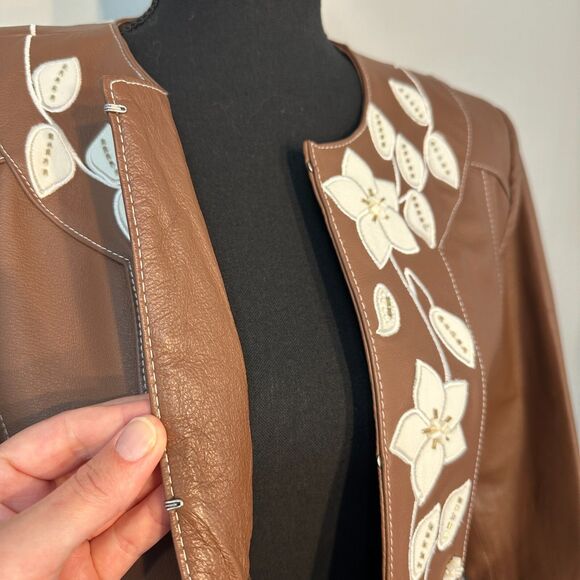 Pamela McCoy Leather Jacket Large Brown Embroidered Beaded Boho Western Rodeo - Picture 3 of 16